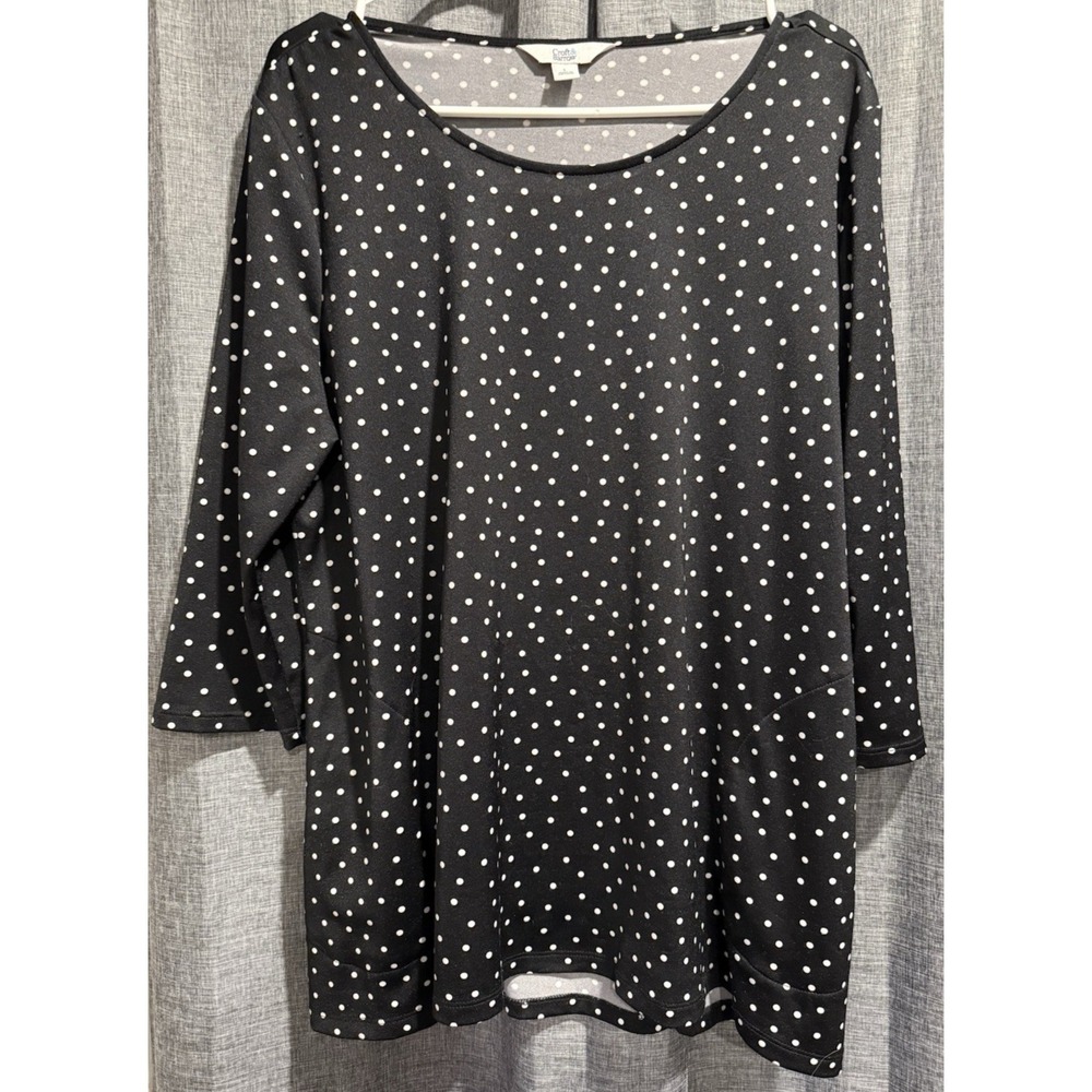Croft & Barrow Women's L Black Polka-Dot 3/4 Sleeve Top w/Pockets Scoop Neck